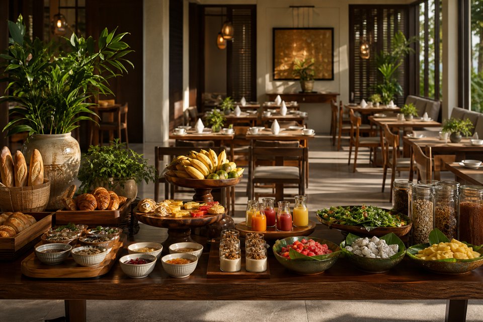 Không gian nhà hàng và buffet sáng tại khách sạn