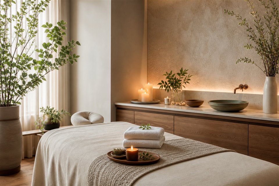 Phòng spa yên tĩnh với giường trị liệu và ánh sáng ấm